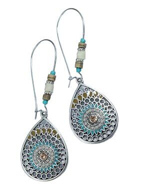 Boho Turquoise & Tan Enamel Beaded Dreamcatcher Dangle Earrings Silver Tone